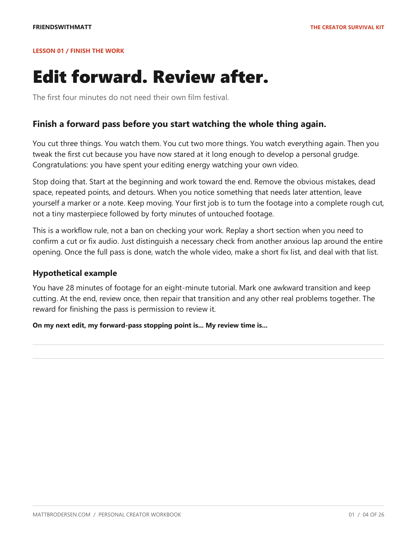A complete sample lesson titled Edit forward. Review after., with practical advice and a writing exercise