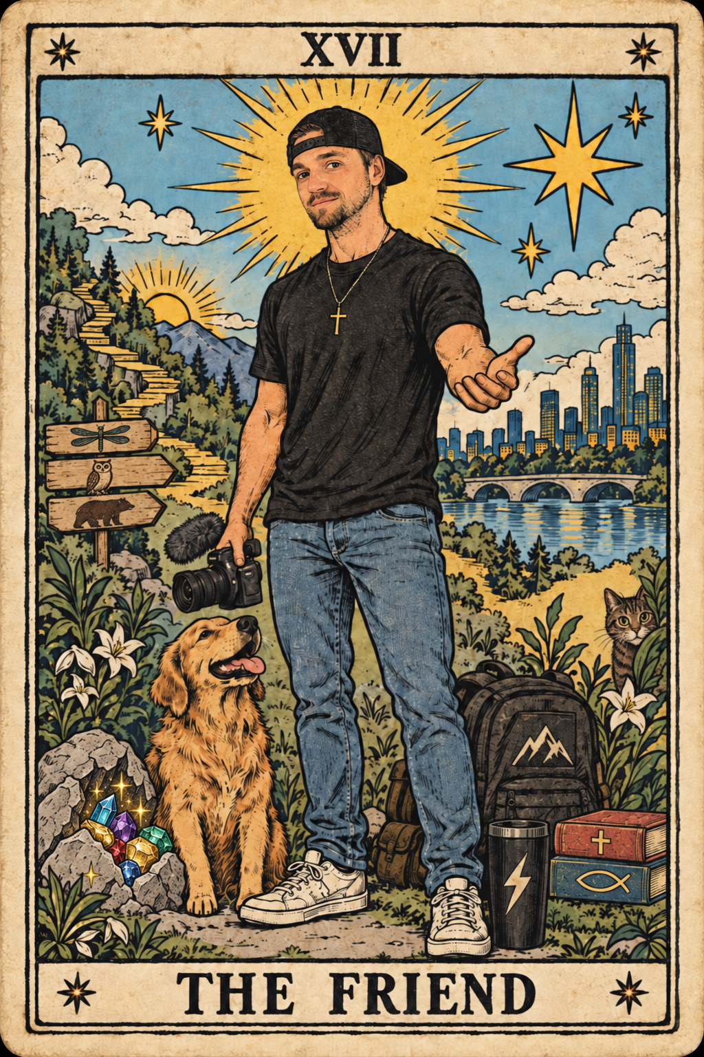 Vintage tarot card titled The Friend, showing Matt reaching out a hand with a camera and golden retriever beside him